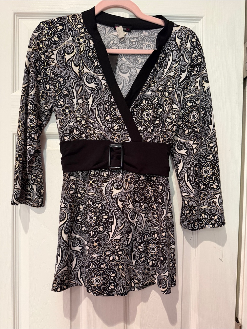 Cacama Black and Cream Paisley Wrap-Style Blouse